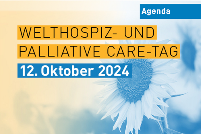 Im Hintergrund in eine Sonnenblume, nicht in Originalfarben, sondern mit gelb-blau Filter. Oben, gelb hinterlegt der Text: Welthospiz- und Palliative Care-Tag. Darunter, blau hinterlegt: 12. Oktober.