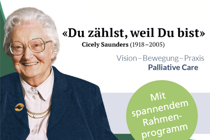 Ausschnitt aus dem Flyer, zeigt Cicely Saunders, enthält den Titel der Veranstaltung