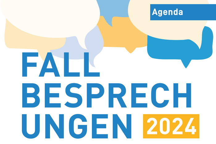 Die Grafik zeigt mehrere unifarbene Sprechblasen. Am unteren Bildrand steht: Fallbesprechungen 2024