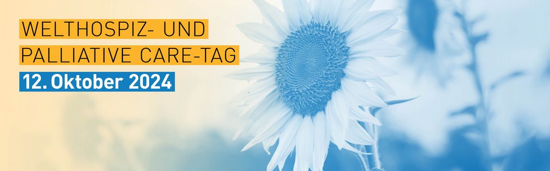 Im Hintergrund in eine Sonnenblume, nicht in Originalfarben, sondern mit gelb-blau Filter. Oben, gelb hinterlegt der Text: Welthospiz- und Palliative Care-Tag. Darunter, blau hinterlegt: 12. Oktober.