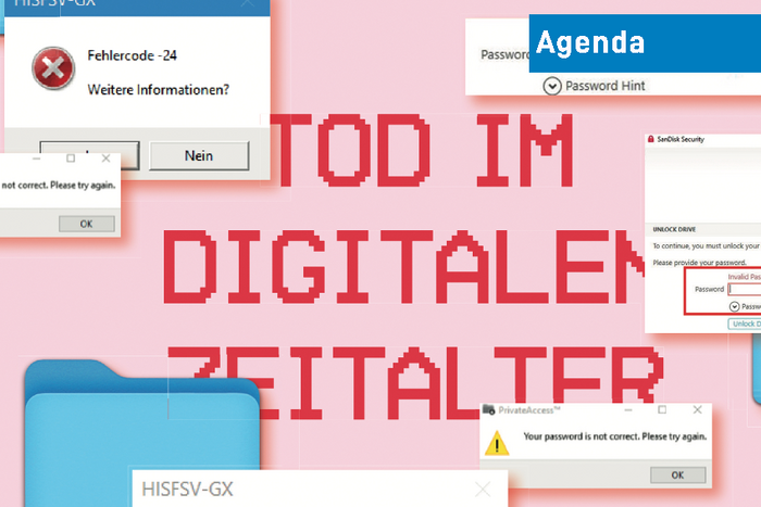 Die Grafik zeigt den Text "Tod im digitalen Zeitalter". Der Hintergrund ist rosa. Rund um den Titel sind typische alte Windows-Fenster zu sehen